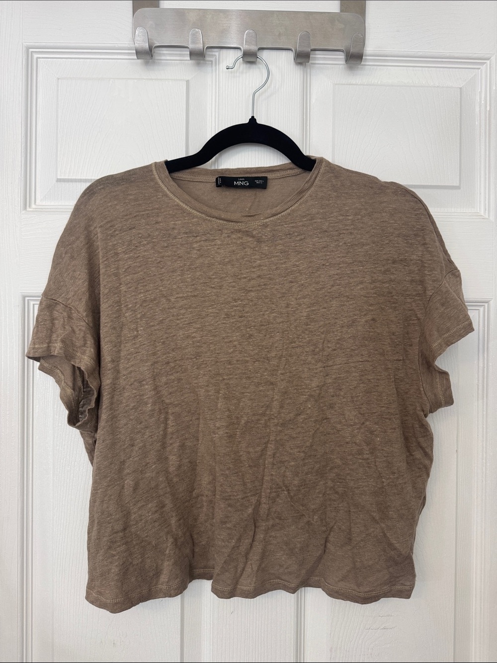 Mango Boxy Cropped Linen Tee Brown